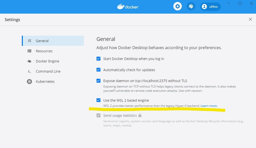 Docker desktop configuration